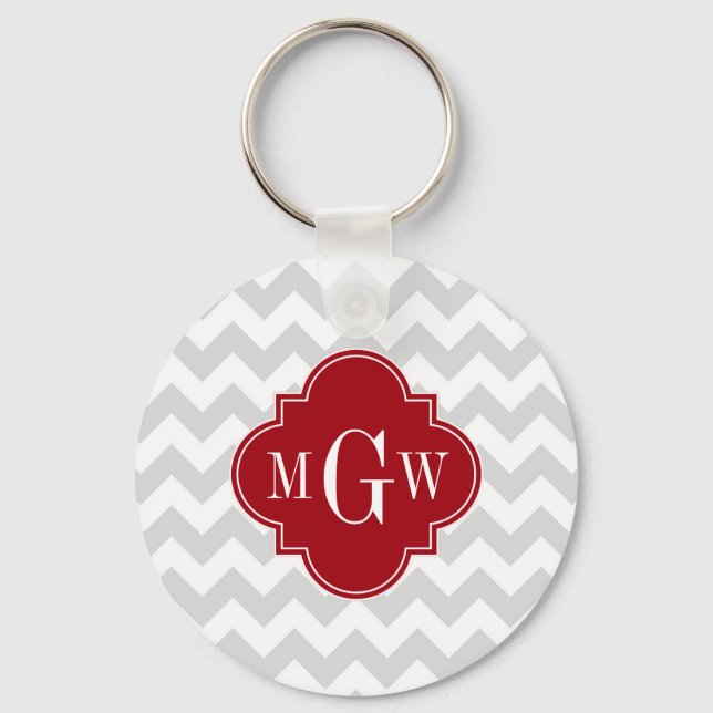 L Grått Wht Chevron Cranberry Quatrefoil 3 Monogra Nyckelring (Framsida)
