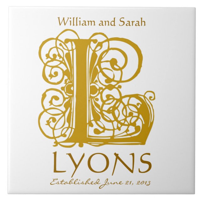 L Guld Monogram on White - Namn Bröllop Date Tile Kakelplatta (Framsidan)