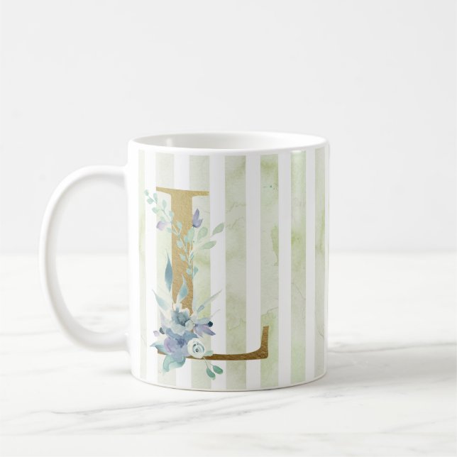 L gyllene inledning på blå och vit rand kaffemugg (Vänster)