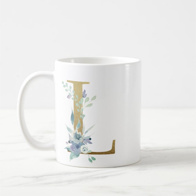 L gyllene nyans med blå blommigt blad kaffemugg (Vänster)