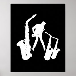 L Jazzman White Silhouette Sax Black Poster