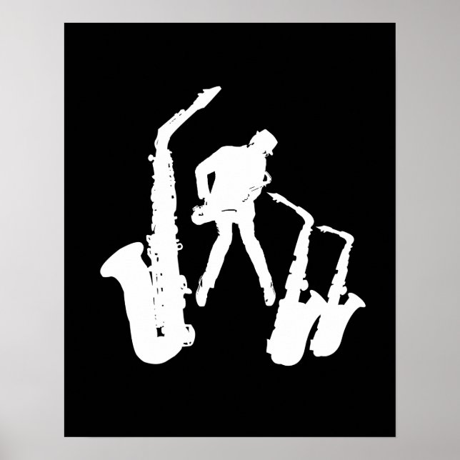 L Jazzman White Silhouette Sax Black Poster (Framsidan)