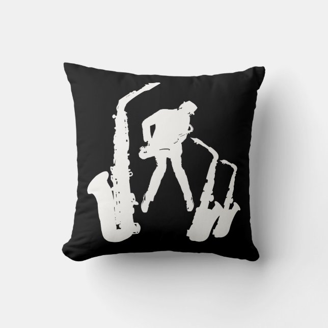 L Jazzman White Silhouette Sax Jazz Black Pillow Kudde (Framsida)