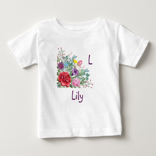 L Lily Personalize Brev Namn, Ro Flowers T Shirt (Framsida)
