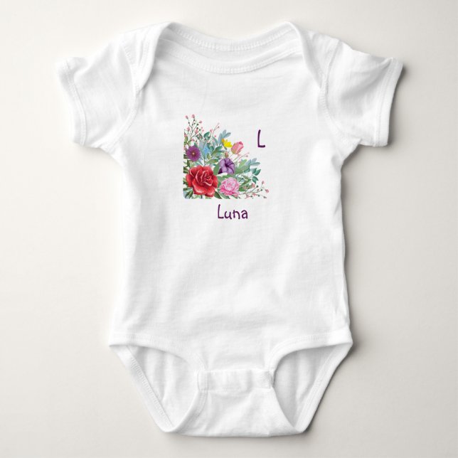 L Luna Personlig bokstav Namn, Ros Blommor T Shirt (Framsida)
