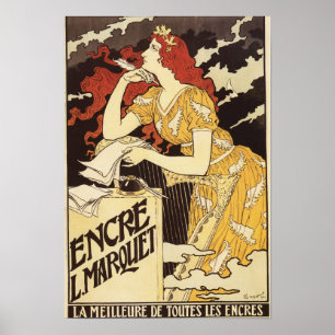 L. Marquet Bläck Röd-Hövdad kvinna & harpa Poster