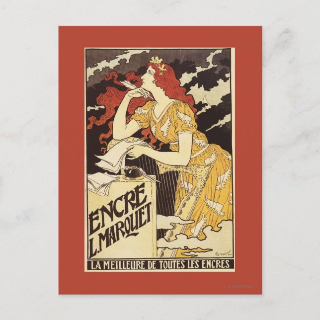 L. Marquet Bläck Rödhårig Kvinna & Harpa Vykort (Framsida)