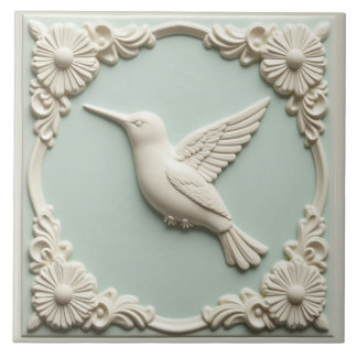 L Mint green faux relief Art Nouveau Hummingbird Kakelplatta