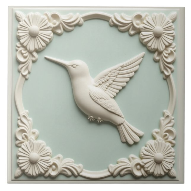 L Mint green faux relief Art Nouveau Hummingbird  Kakelplatta (Framsidan)