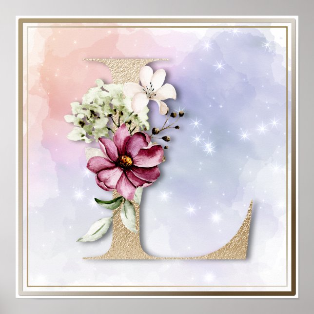 L Monogram Burgunder Blommig Affisch (Framsidan)