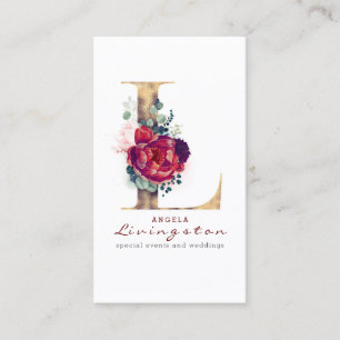 L Monogram Burgundy Flowers och Guld Glitter Visitkort