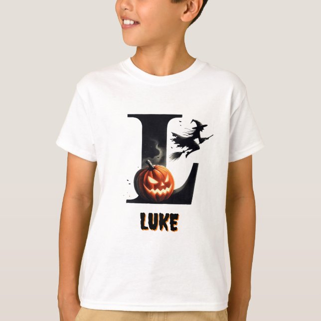 L Monogram Bus eller godis Cute Halloween T Shirt (Framsida)