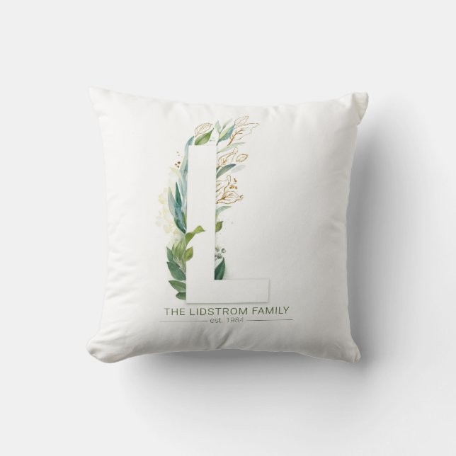 L Monogram Elegant Guld Greenery Efternamn Kudde (Framsida)