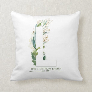 L Monogram Elegant Guld Greenery Familjenamn Kudde