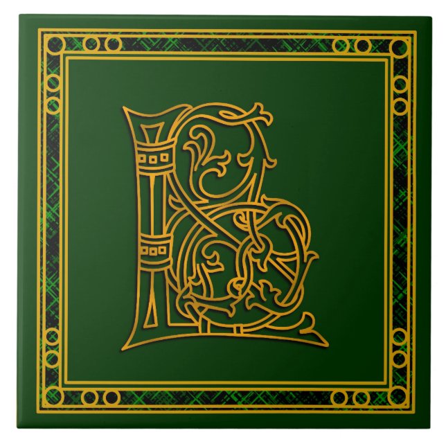 L Monogram "Irish Guld on Grönt" keramiska plattor Kakelplatta (Framsidan)