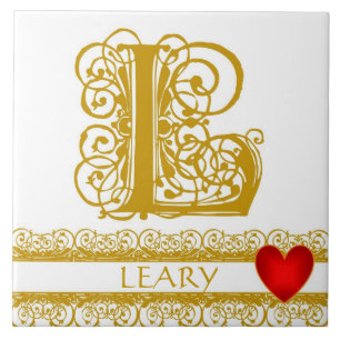 L Monogram Namn Guld Snöre Red Heart Template Tile Kakelplatta