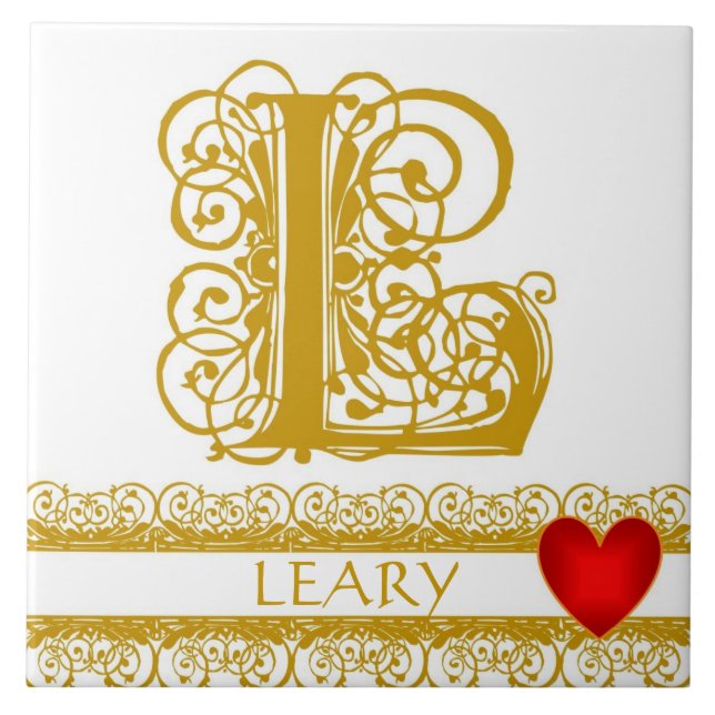 L Monogram Namn Guld Snöre Red Heart Template Tile Kakelplatta (Framsidan)