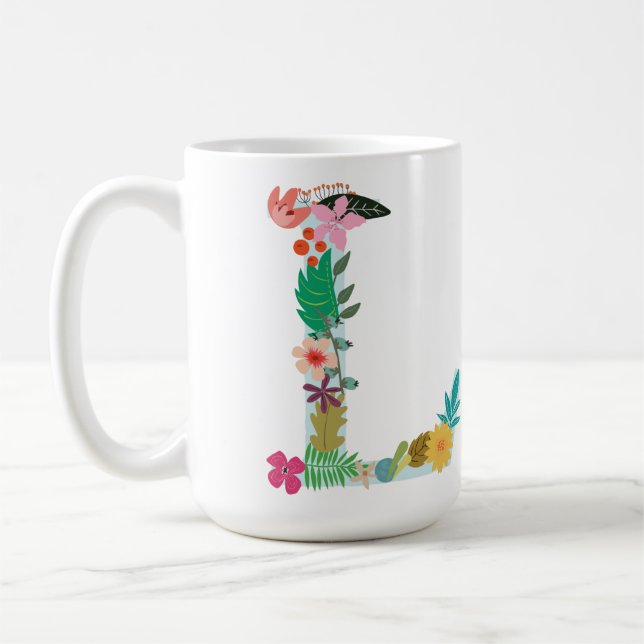 L Monogrammugg, initial som blommigt L är botanisk Kaffemugg (Vänster)