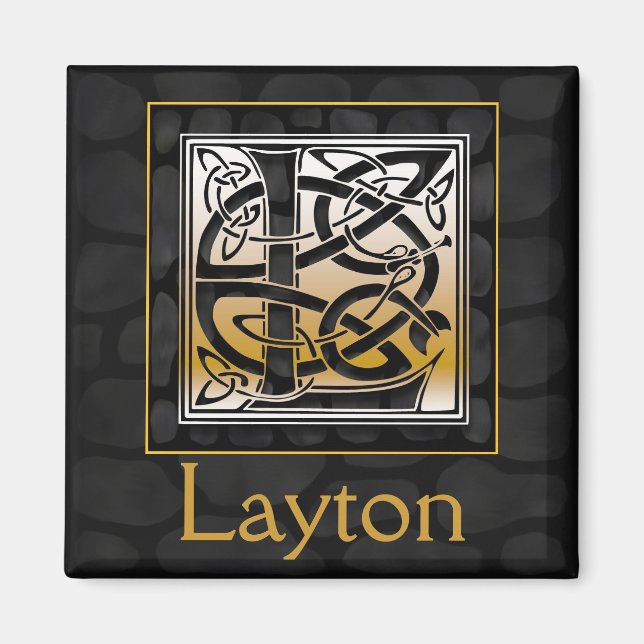 L Namn Monogram ’Celtic Black Stone’ Square Magnet (Framsidan)