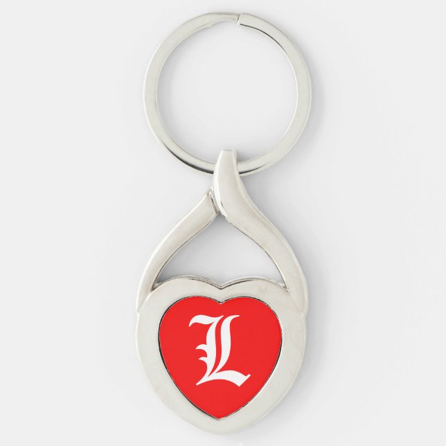 "L" Red Heart Keychain Twisted Heart Silverfärgad Nyckelring (Framsidan)
