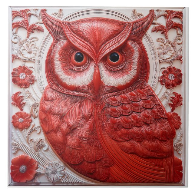 L röd falsk relief Art Nouveau uggla Kakelplatta (Framsidan)
