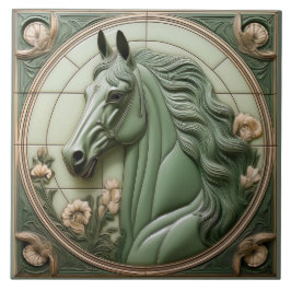 L Sage green faux relief Art Nouveau Horse Head Kakelplatta