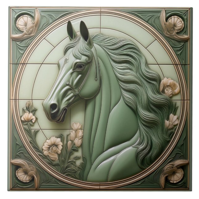 L Sage green faux relief Art Nouveau Horse Head Kakelplatta (Framsidan)