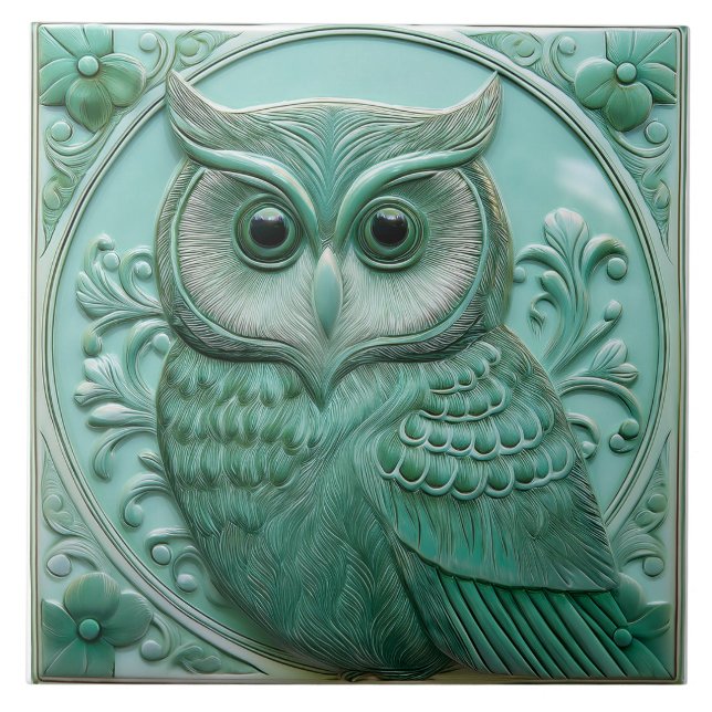 L Salviagrön falsk relief Art Nouveau-Uggla Kakelplatta (Framsidan)