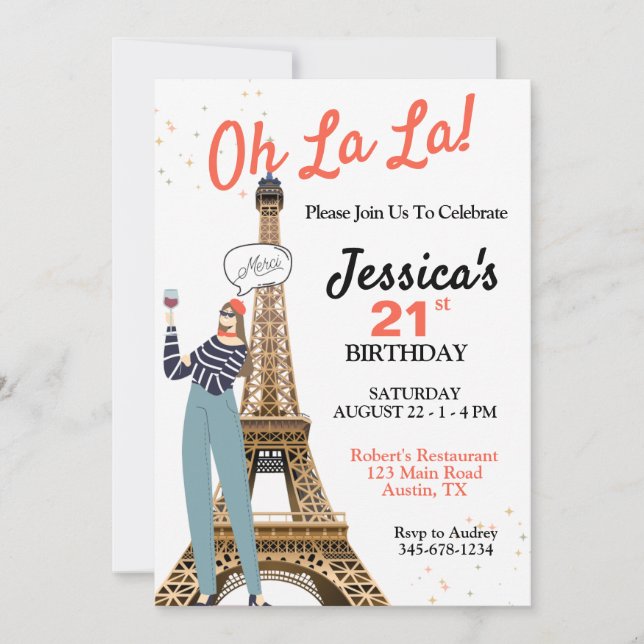 La any age Paris Theme Birthday Inbjudningar (Framsida)