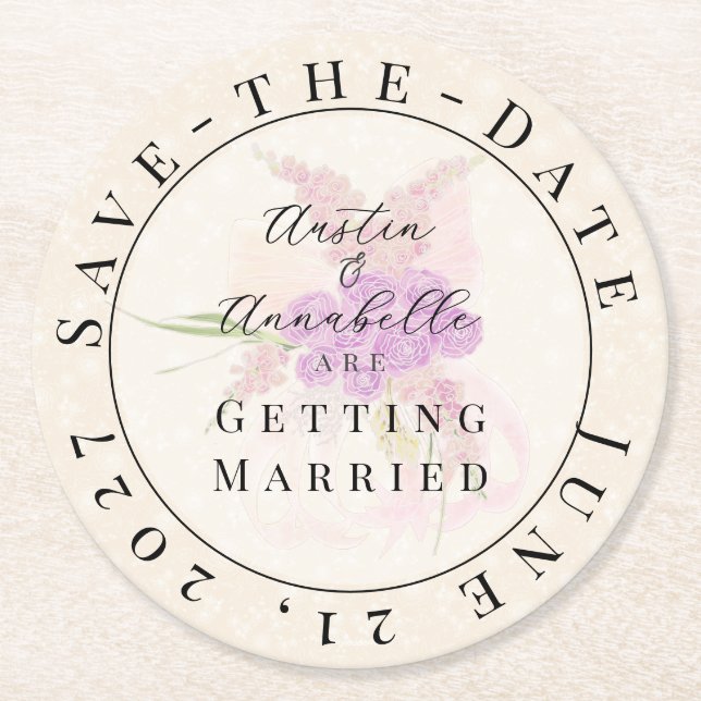 La Boca Golden Sheer Bow Bouquet Save-the-Date  Underlägg Papper Rund (Framsidan)