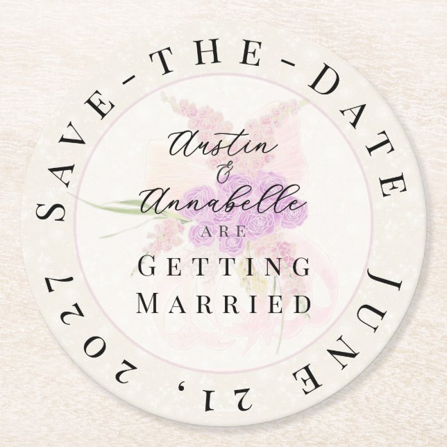 La Boca Golden Sheer Bow Bouquet Save-the-Date  Underlägg Papper Rund (Framsidan)