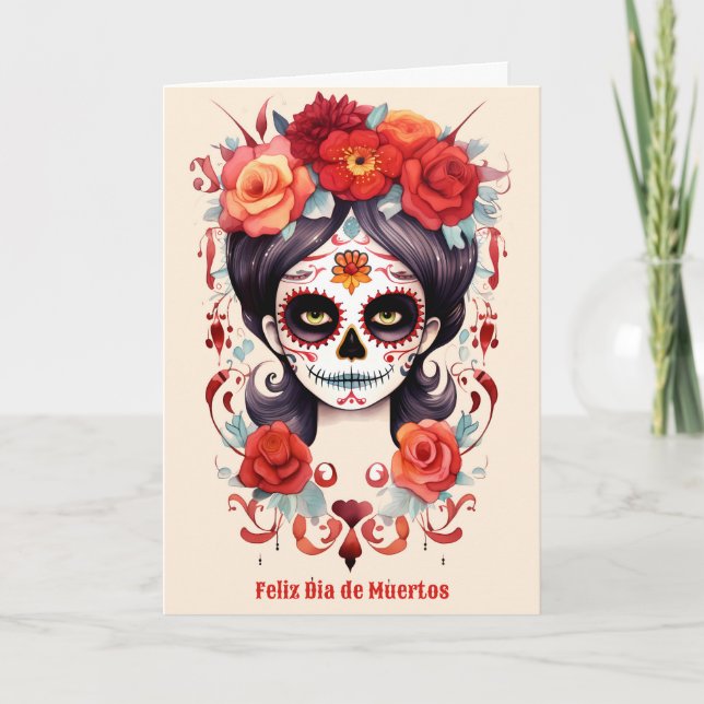 La Calavera Catarina en Flores Rojas Helgkort (Framsida)