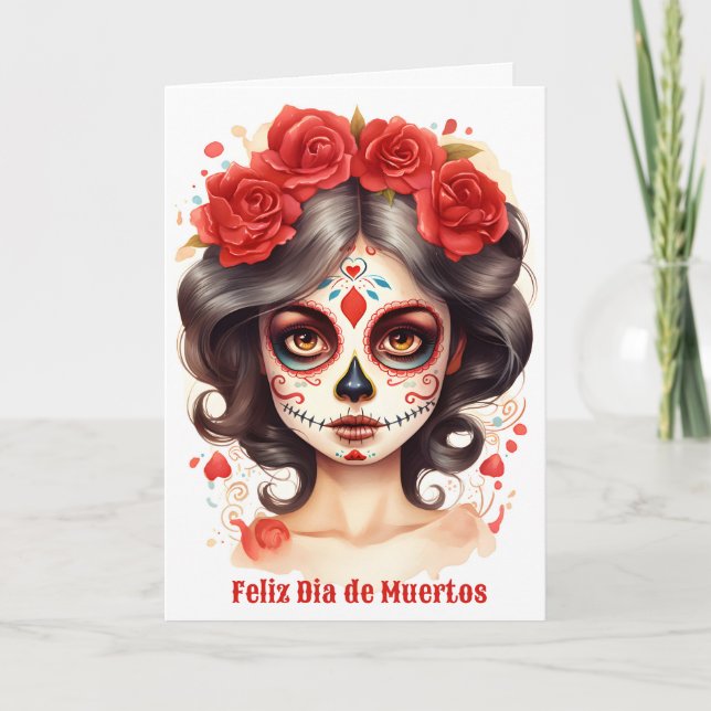 La Calavera Catarina 💀 en Flores Rojas 🌹 Helgkort (Framsida)