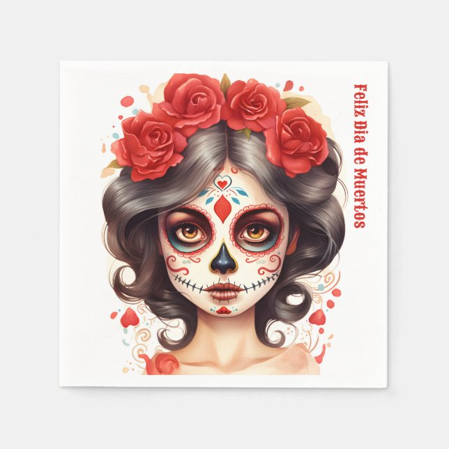 La Calavera Catarina 💀 en Flores Rojas 🌹 Pappersservett (Framsidan)