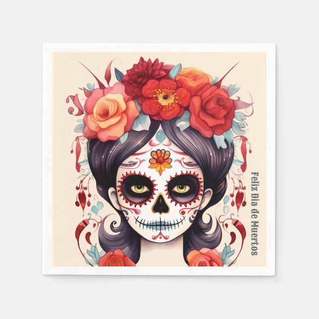 La Calavera Catarina en Flores Rojas 🌹 Pappersservett (Framsidan)
