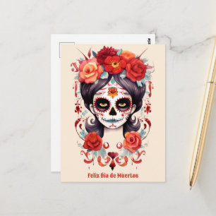 La Calavera Catarina en Flores Rojas Vykort