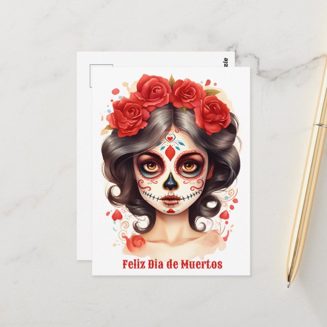 La Calavera Catarina💀 i Röda Blommor 🌹 Vykort (Fram/Back In Situ)