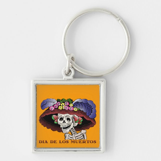 La Calavera Catrina i färg Fyrkantig Silverfärgad Nyckelring (Framsidan)