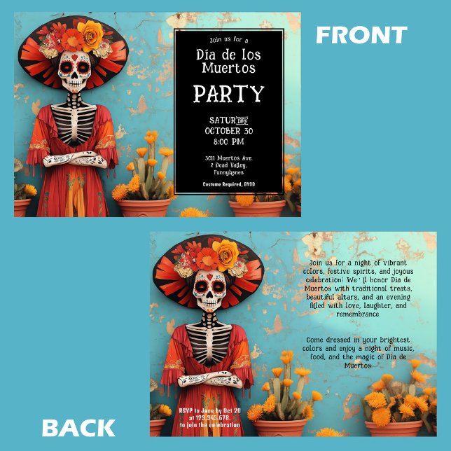 💀 La Calavera i hatt med blommor Inbjudningar (💀 La Calavera in hat with flowers Invitation)