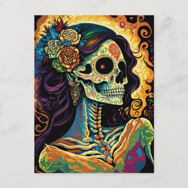 La Catrina Day of the dead Mexican Skeleton Art Vykort (Framsida)