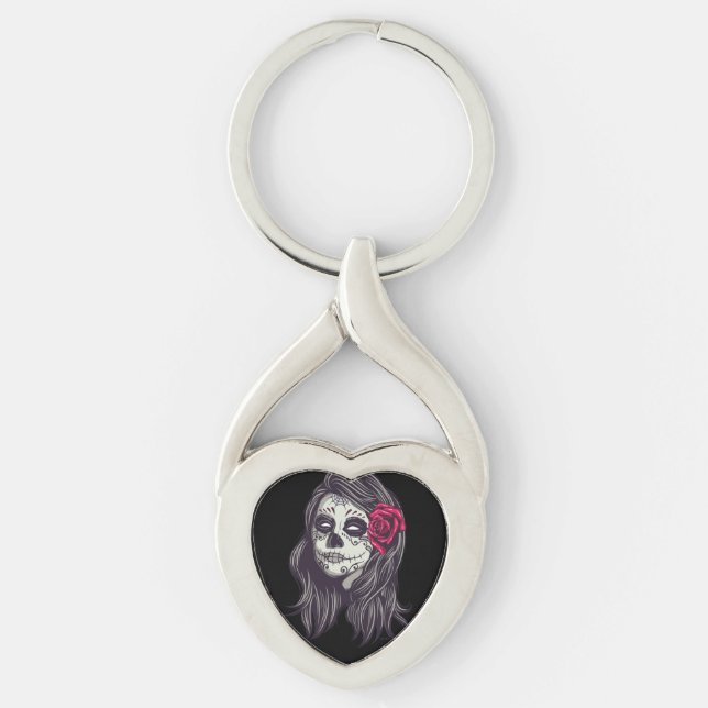 La Catrina - Dia de Los Muertos Twisted Heart Silverfärgad Nyckelring (Framsidan)