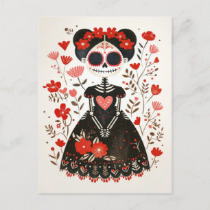 La Catrina med Flowers Whimsical Day of the dead Vykort