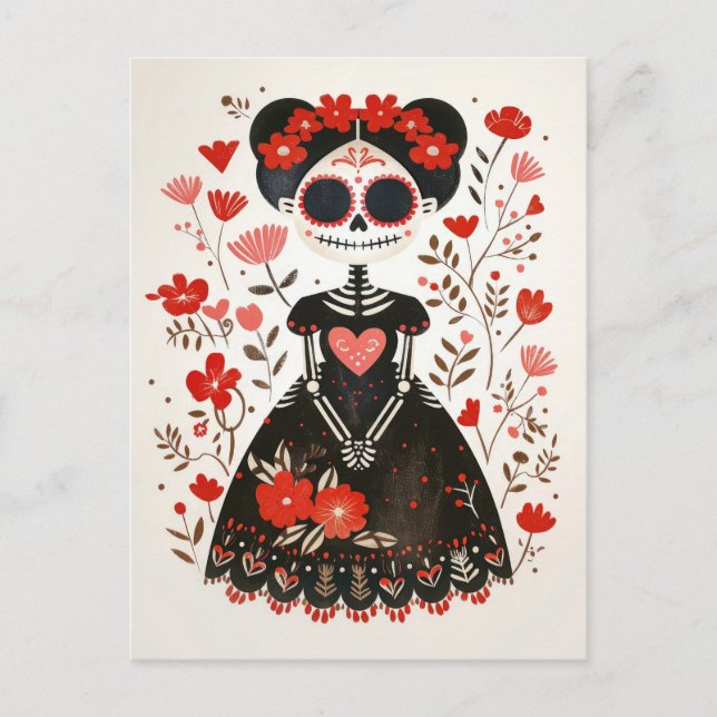 La Catrina med Flowers Whimsical Day of the dead Vykort (Framsida)