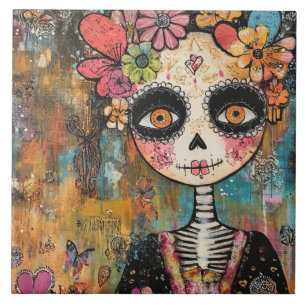 La Catrina Skelett Med Blomkrona Kakelplatta