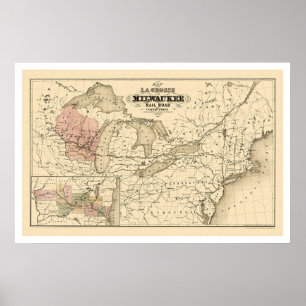 La Crosse & Milwaukee järnvägkarta 1855 Poster