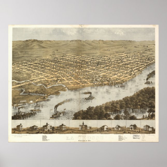 La Crosse WI 1867 Antique Panoramic Karta Poster (Framsidan)