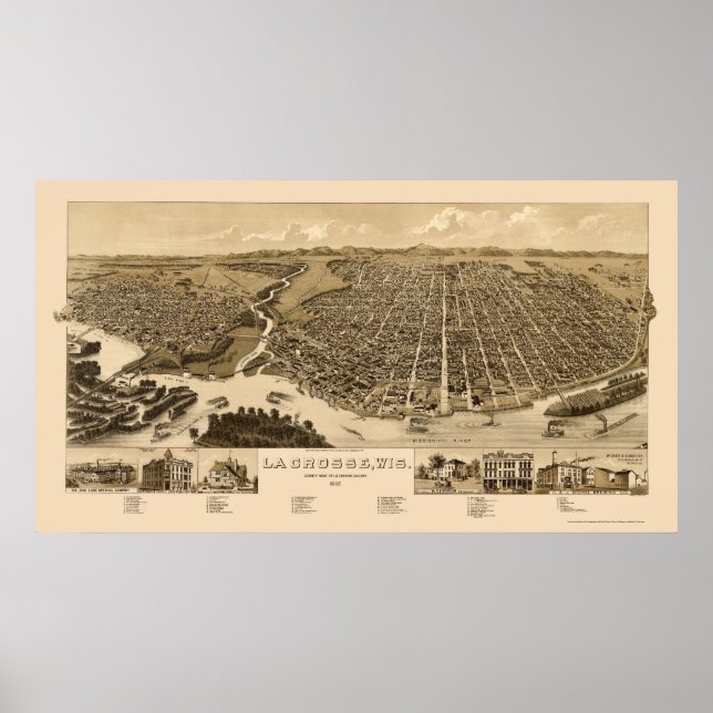 La Crosse, WI Panoramic Karta-1887 Poster (Framsidan)