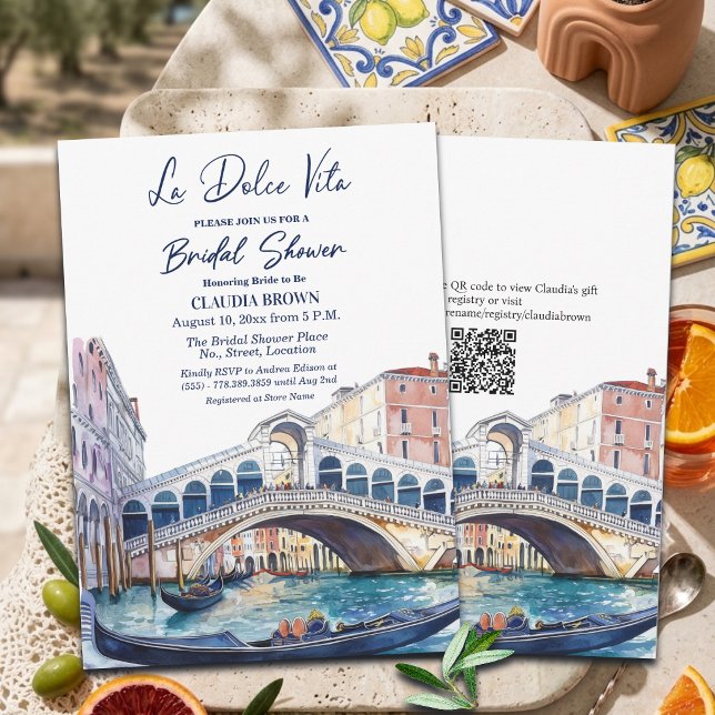 La Dolce Vita Akvarell Venedig QR-kod Bröllop Inbjudningar (Skapare uppladdad)