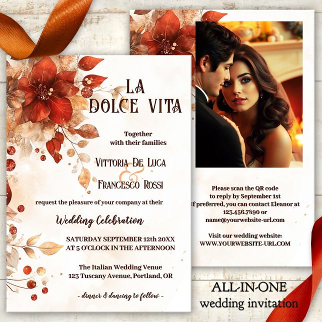 La Dolce Vita All-in-one Italy Red Bröllop Inbjudningar (La dolce vita all-in-one wedding invitation featuring watercolor flowers in Italian red and orange)
