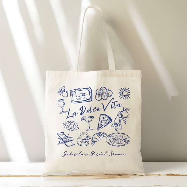 La dolce vita blå italienska bröllopsfestpresenter tygkasse (La dolce vita blue hand drawn Italian bridal shower favors personalized Tote Bag bridesmaids gifts)